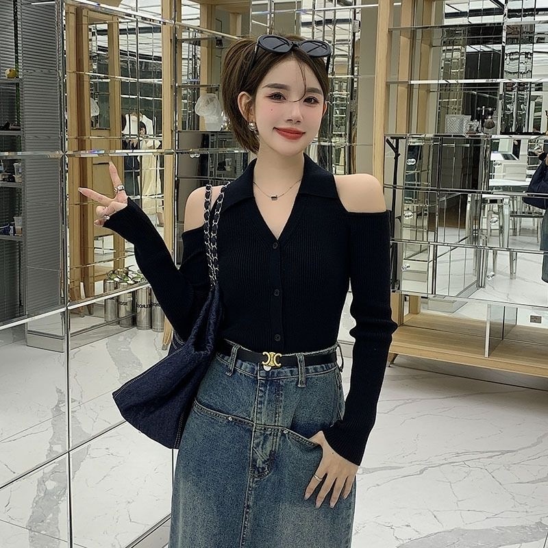 Áo ZHELIHANGFEI dệt kim tay dài hở vai gợi cảm xinh xắn