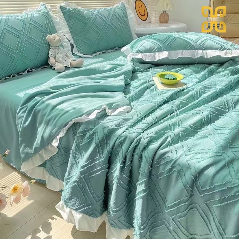 Freeship 🍀 Bộ chăn ga cotton đũi viền bèo đính hoa bi - set chăn chần 4 món - may ga theo yêu cầu - hàng nhập loại 1