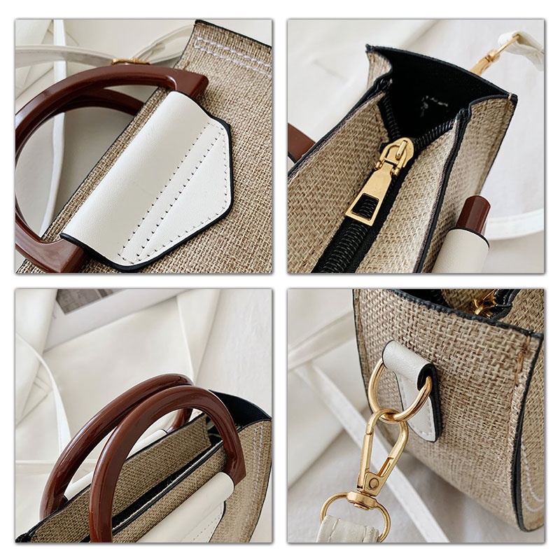 Mischa Túi cói Vải canvas Dệt Hình Vuông Phối Khóa Kéo Thời Trang retro