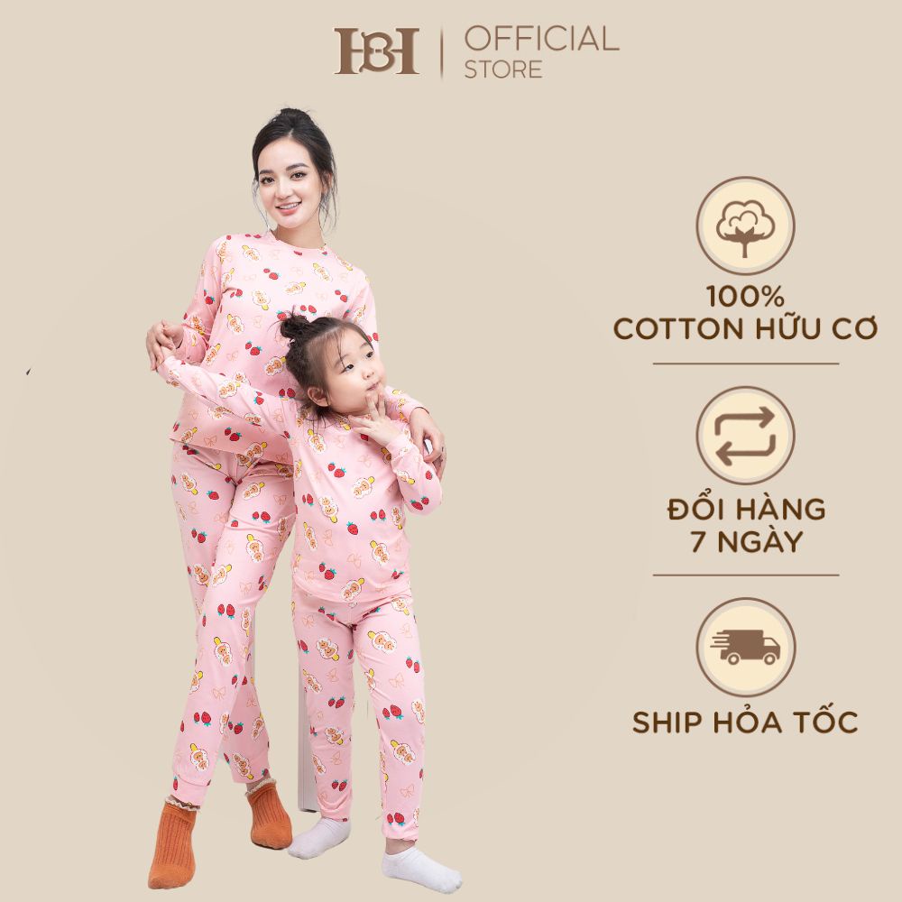 Bộ Quần Áo Dài Tay Không Cổ HAPIIBABII Vải Cotton Thoáng Mát, Hình Gấu Cho Mẹ và Bé Mặc Ở Nhà Mùa Thu Đông (1-10 Tuổi)
