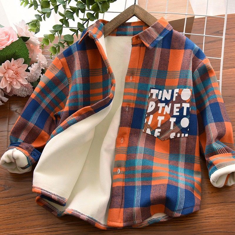 Áo Sơ Mi Dài Tay Một Mảnh Lót Lông Cừu Dày In Họa Tiết Caro Thời Trang Thu Đông Cho Bé Trai