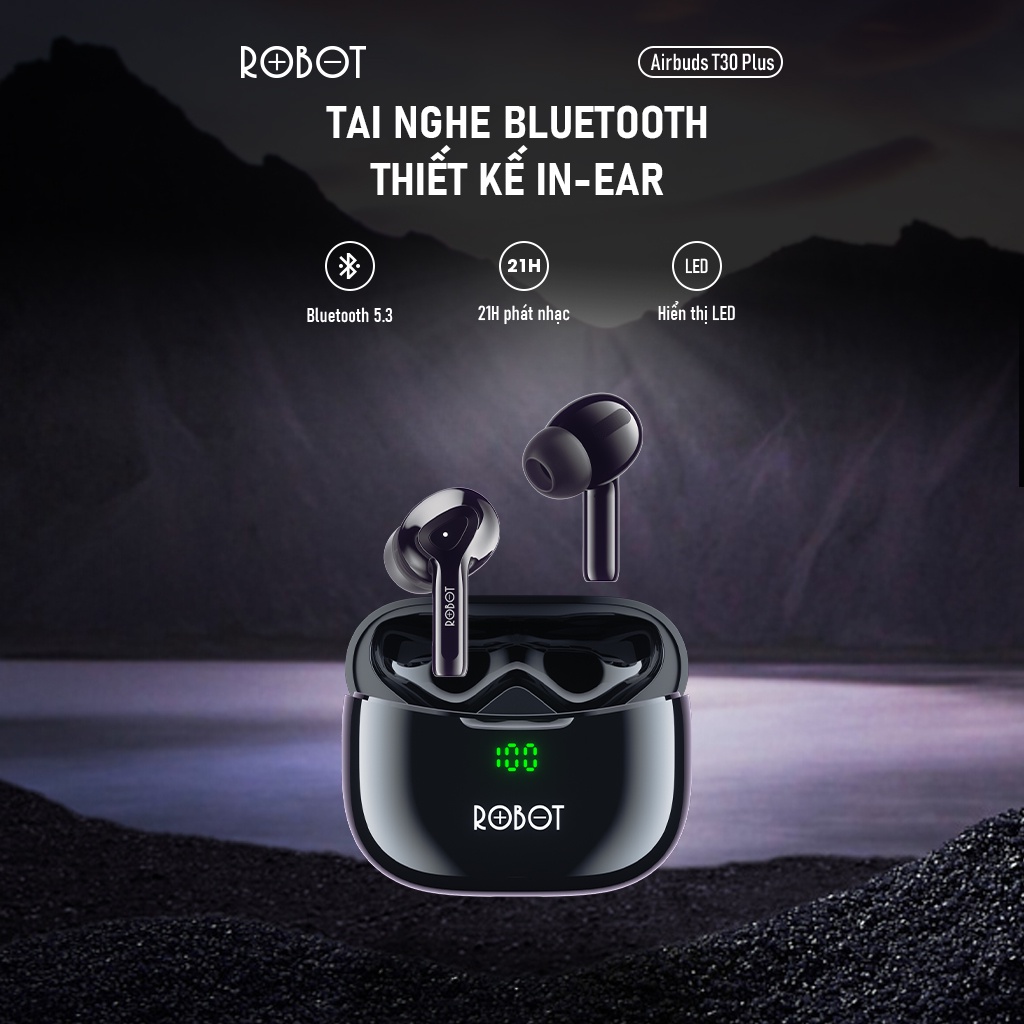 Tai Nghe Bluetooth ROBOT Airbuds T30 Plus In-ear, LED Hiển Thị Mức Pin, Playtime 21H, Chống Nước IPX4
