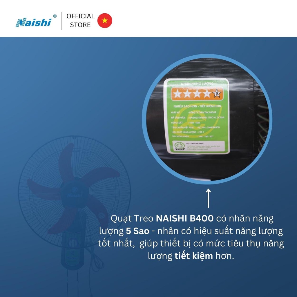 Quạt Treo Tường NAISHI B400 Túp Năng Chuyển Hướng Điện 2 Dây Rút - Công Suất 45W