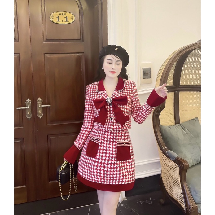 Set dạ tweed kèm tag nơ hàng cao cấp