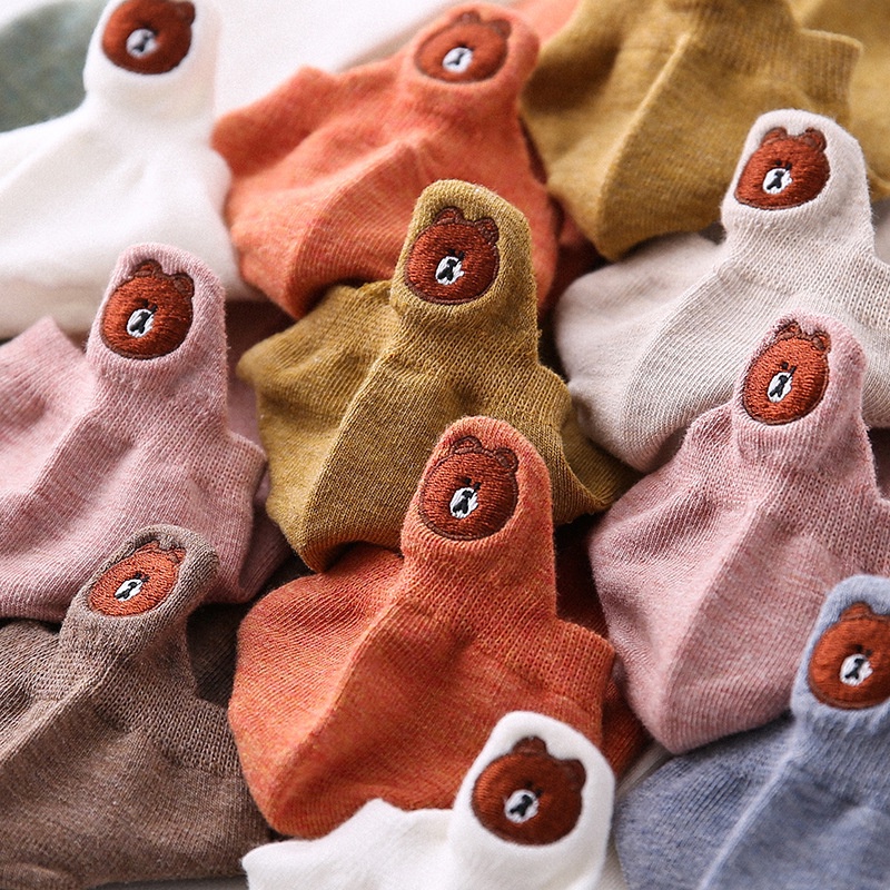 Vớ Thuyền Miệng Nông Thêu Họa Tiết Đầu Gấu Hoạt Hình Thời Trang Xuân Hè Cho Nữ