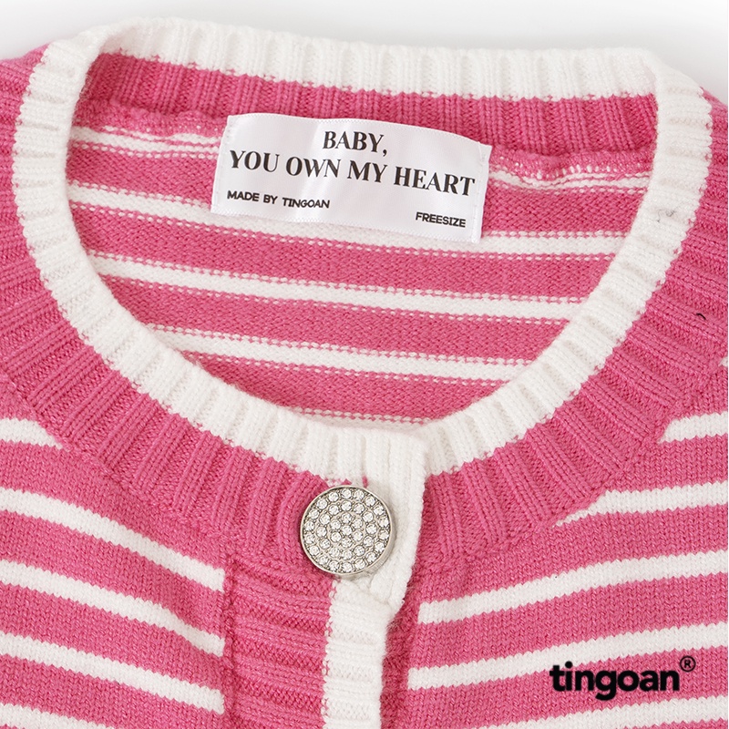 TINGOAN® - Áo set len cardigan lửng tặng kèm áo 2 dây kẻ ngang nhỏ hồng đậm vai bồng CAPPUCCINO CARDIGAN/PK