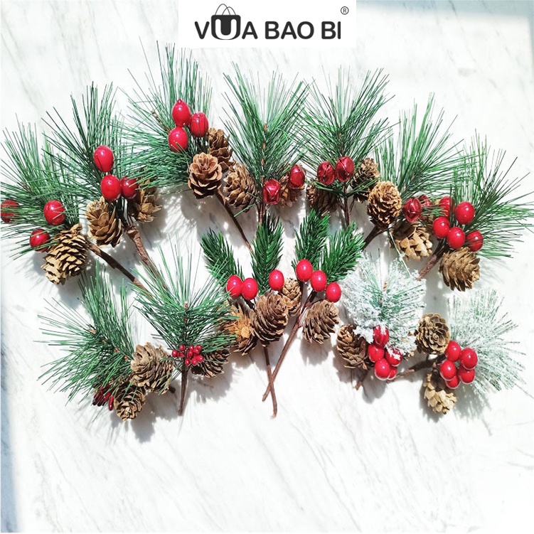 Cành thông trang trí giáng sinh Vua Bao Bì, cành lá thông Noel quả đỏ DIY làm quà tặng handmade