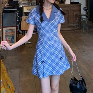 Đầm ngắn tay họa tiết sọc caro xanh  thiết kế chiết eo thời trang trẻ trung phù hợp với mọi vóc dáng-Liyhouse