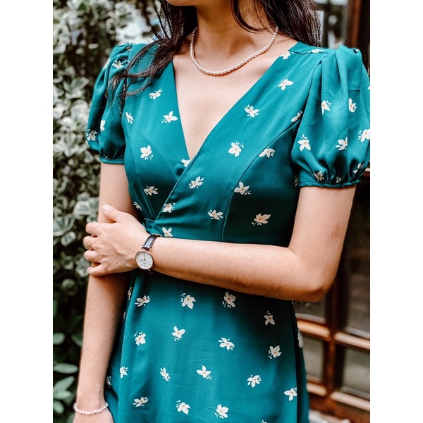 Đầm nữ Ton.Clothing đầm vintage đắp vạt chéo vải mịn mát xanh hoa nhí thiết kế tay ngắn dễ thương xinh xắn DRI012