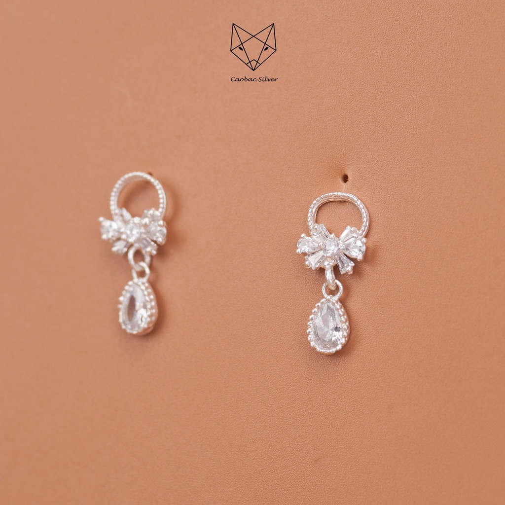 Khuyên Tai Bạc Ta Nữ CaoBac Silver Hình Nơ Thiết Kế Giọt Đá Rơi Lấp Lánh Tinh Tế, Dễ Thương Xinh Xắn Dành Cho Bạn Gái