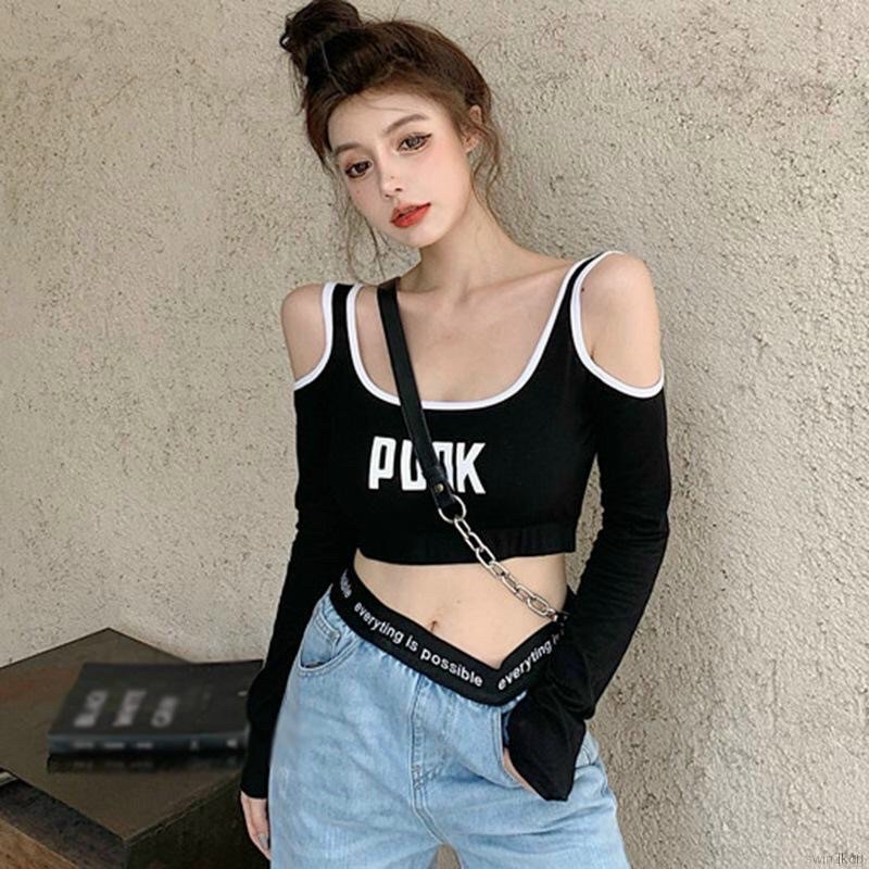 [Hot] ÁO KIỂU HỞ VAI VIỀN IN CHỮ PUNK CHẤT BORIP CO GIÃN TAY DÀI CHIZISHOP P001