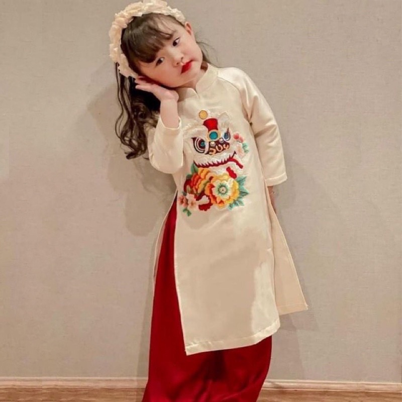 Áo Dài cách tân thêu Kỳ Lân cho bé GÁI, chất liệu nhung chéo cao cấp, áo dài tết đủ size 2 3 4 5 67 8 9