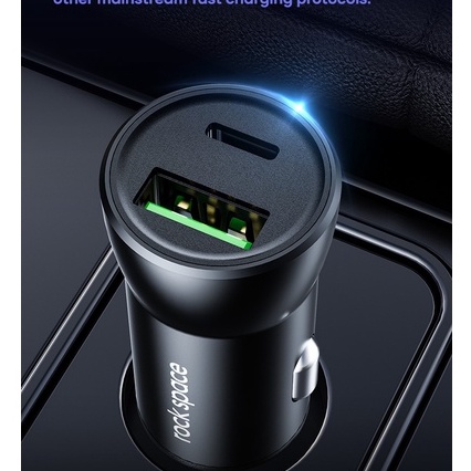 Tẩu sạc xe hơi 2 cổng sạc nhanh PD 20W Rockspace H12 Dual-port A+C  Car Charger Hàng chính hãng bảo hành 12 tháng