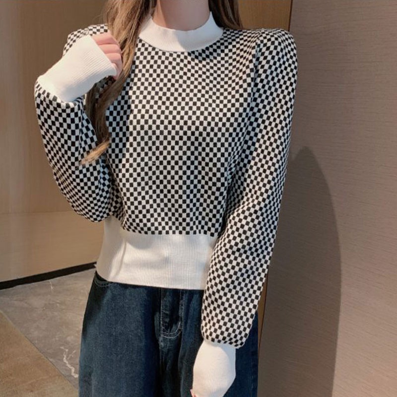 Áo sweater Tay Phồng Dài Sọc Ca Rô Thời Trang Hàn Quốc Cho Nữ