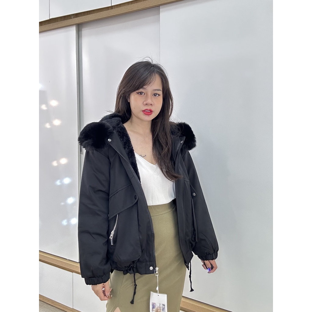 Áo khoác Parka Kaki dáng ngắn lót lông điểm nhấn khoá kéo nắp túi hộp trẻ trung dáng mới phong cách Hàn Quốc 2023 1831 I