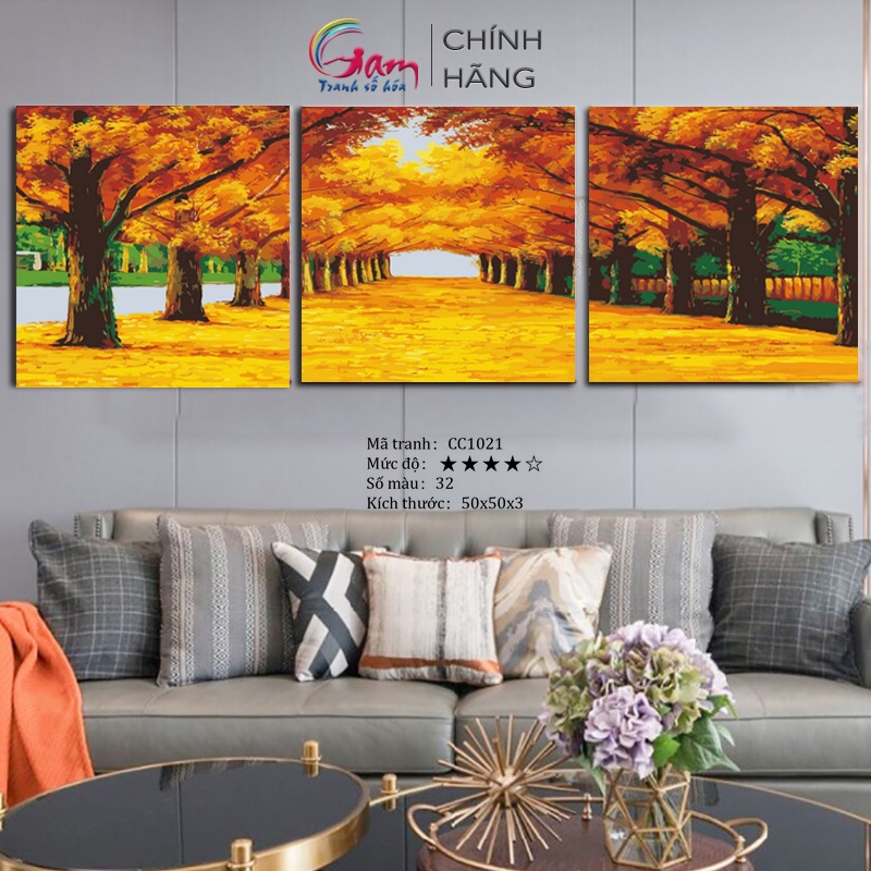 Bộ 3 tranh sơn dầu số hóa tự tô màu DIY phong cảnh mùa thu GAM Mã CC1021 Con đường lá vàng