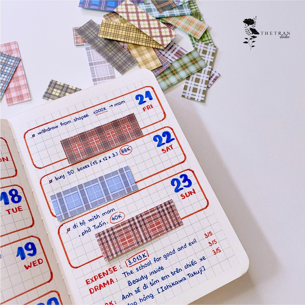 Bộ 30 sticker washi cute họa tiết caro / plaid pattern washi sticker pack / thetranstudio