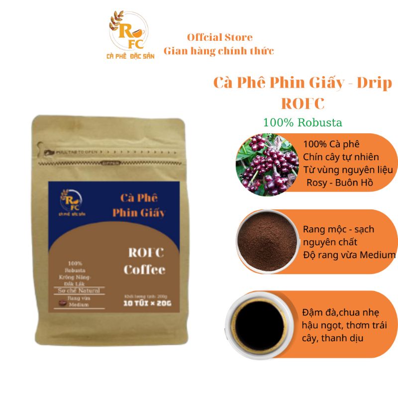 Cà Phê Phin Giấy Tiện Lợi ROFC Đậm Đà Thành Phần 100% Coffee Nguyên Chất Rang Mộc Robusta Buôn Ma Thuột Drip Coffee