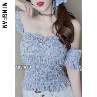 Áo Von Kiểu Hàn Trễ Vai Bo Nhun Ngắn Tay Phối In Hoa Cute TTSLA1025