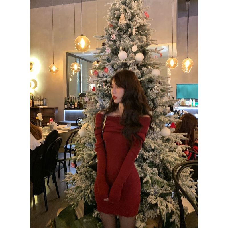 Đầm Giáng Sinh Tay Dài Hở Vai Plus Size Cho Nữ