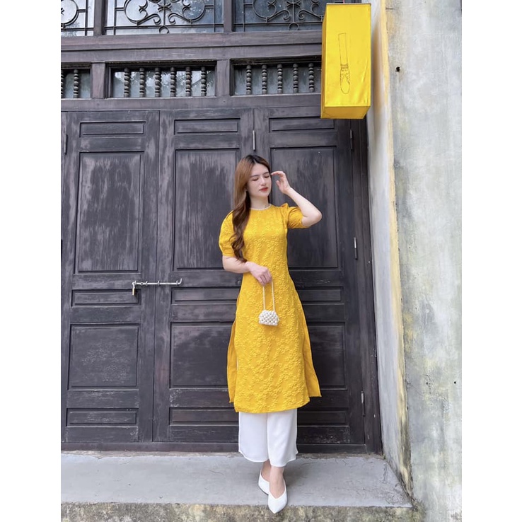 Áo Dài Cách Tân Nữ Minz Store Mã 3479, Thiết Kế Phối Dây Ngọc Họa Tiết Hoa Nổi