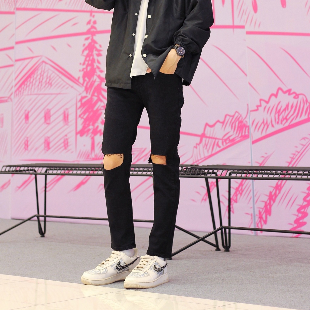 Quần jean nam rách gối vuông chất bò denim màu đen co giãn cực tốt ngầu dáng slimfit skinny đẹp giá rẻ chuyensiluxury