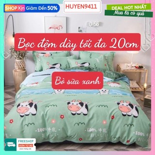 Ga Trải Giường Bo Chun Đệm Dày tối đa 20cm[1m6x2m,1m8x2m]mẫu bò sữa xanh