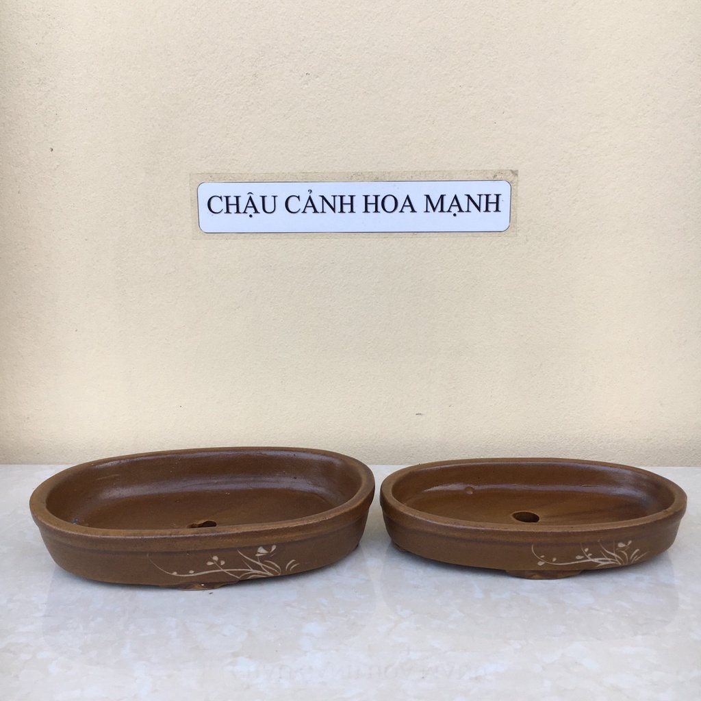 Chậu oval bonsai sen đá mini màu vàng gốm Bát Tràng 2 size SP509