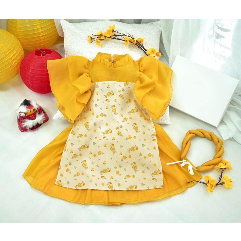 sét 3 chi tiết áo dài hoa tay bèo bé gái