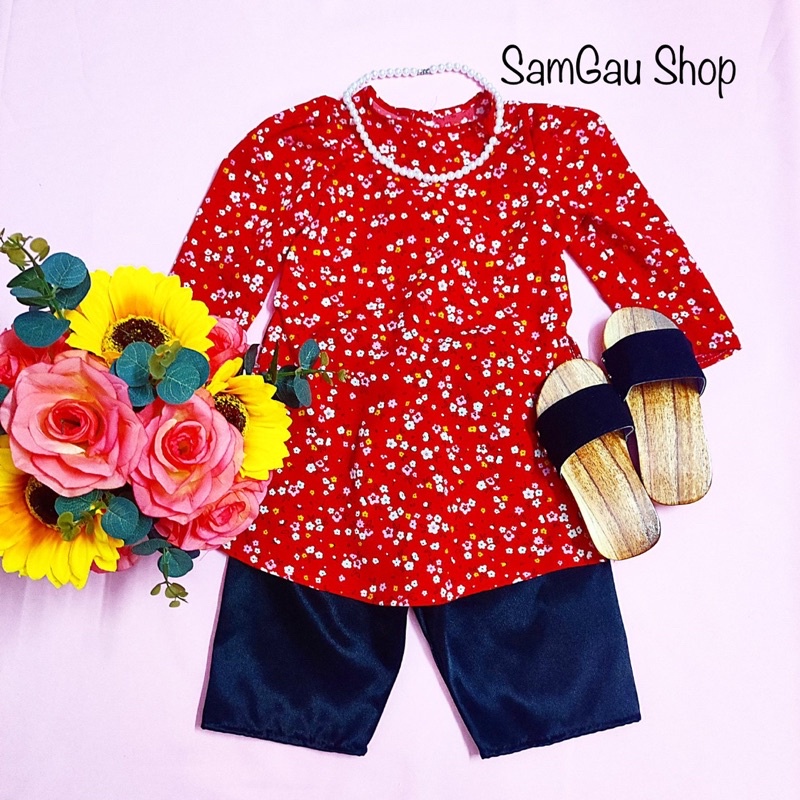 Áo Dài Tết Hoa Nhí cho bé gái màu Xanh Đỏ Vàng Hồng xinh yêu