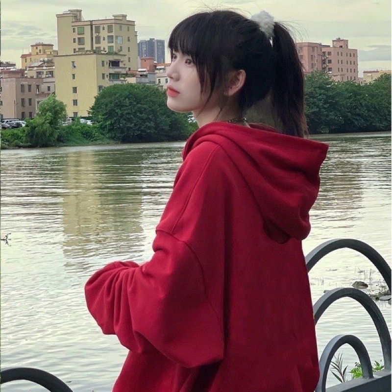 Áo hoodie nỉ bông mũ 2 lớp có túi tay bồng màu đỏ đô