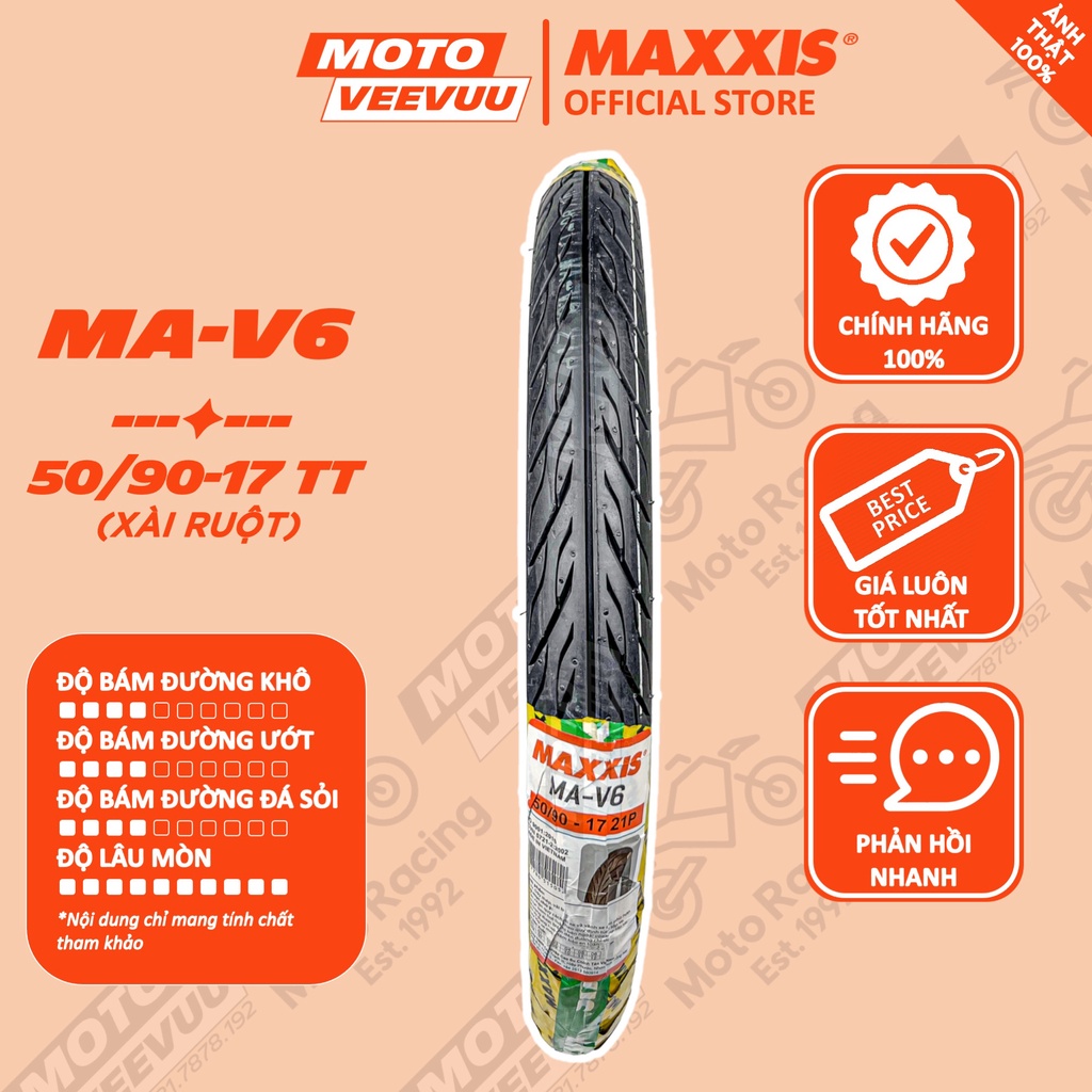 Vỏ lốp xe máy MAXXIS MA-V6 Gai xương cá 50/90-17 TT 50 90 17 (Lốp xài ruột)