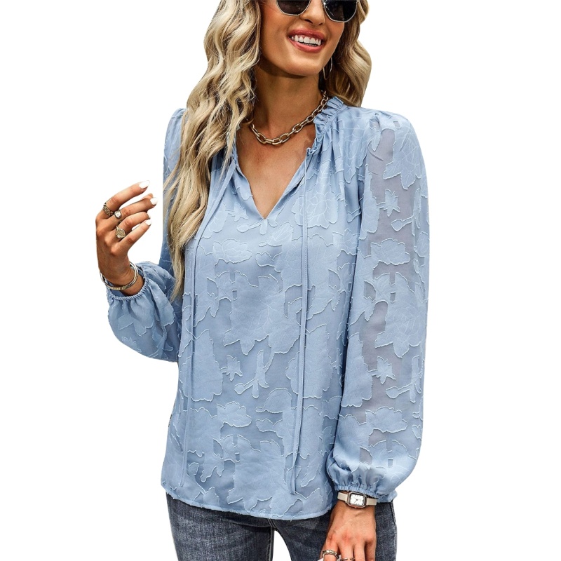 Áo Voan Hoa Tay Phồng Dài Cổ Chữ V Phối Bèo Xuyên Thấu Phối Dây Rút Cá Tính Cho Nữ