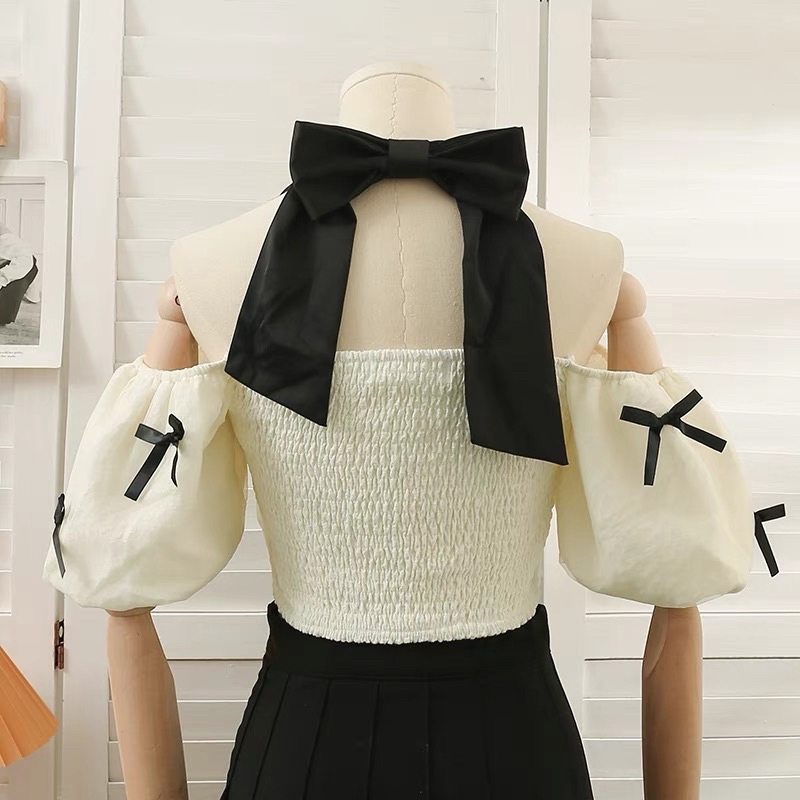 Áo Croptop Tay Bồng Thắt Nơ Cổ Đính Nơ Nhí Xinh Xắn