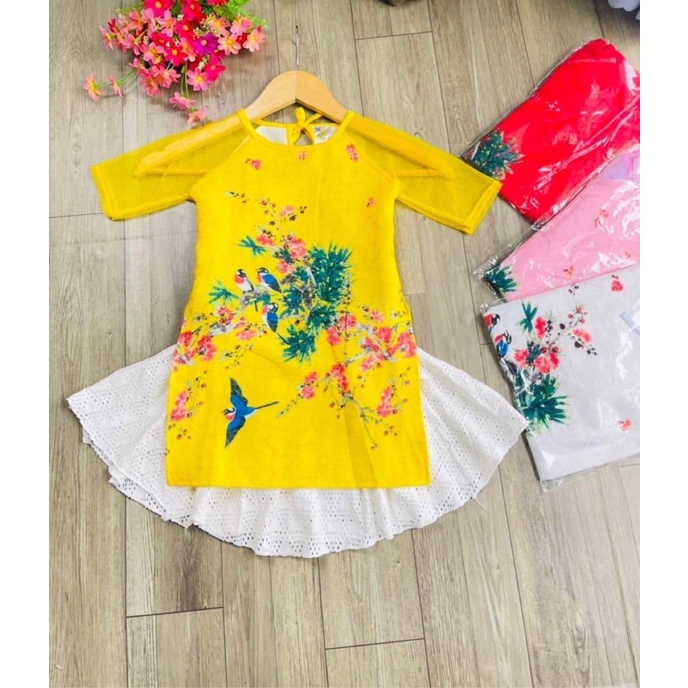 Set áo dài cách tân gấm , chân váy ren bé gái 7-18kgas