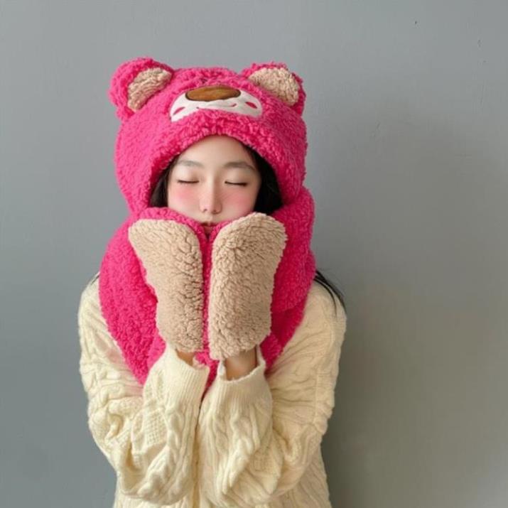 Mũ len trùm đầu, mũ lông tai gấu kèm khăn quàng cổ bao tay 3 trong 1 siêu ấm áp - HOT - NEW NEWW