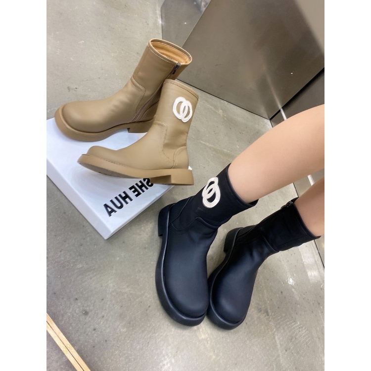 Giày Bốt Lót Lông Cừu Cổ Thấp Mũi Tròn Phối Khóa Kéo Bên Hông Ấm Áp Thoải Mái Thời Trang