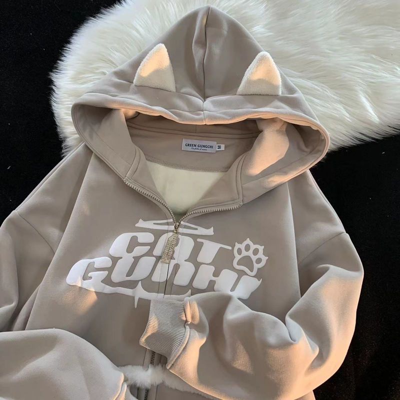 Áo Khoác Cardigan Có Mũ Trùm Dáng Rộng Bằng Vải Lông Cừu Lót Lông Cừu Thời Trang Thu Đông Hàn Quốc Cá Tính Dành Cho Bạn Nữ