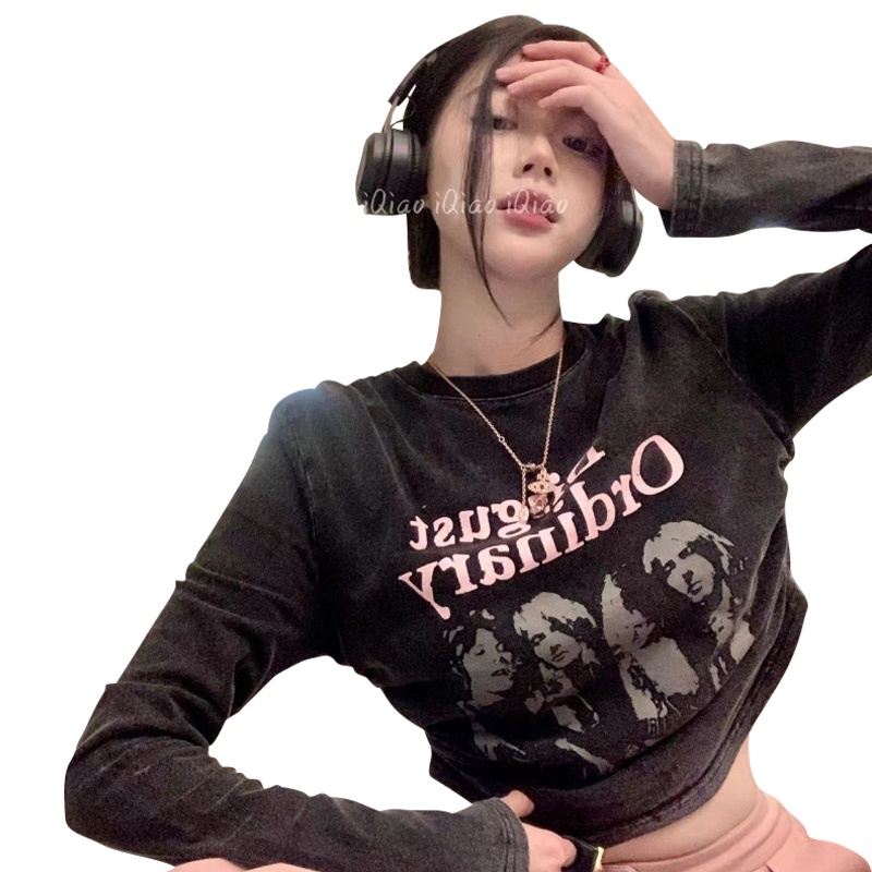 NRVP Áo thun nữ dài tay dáng lửng phong cách Hàn Quốc