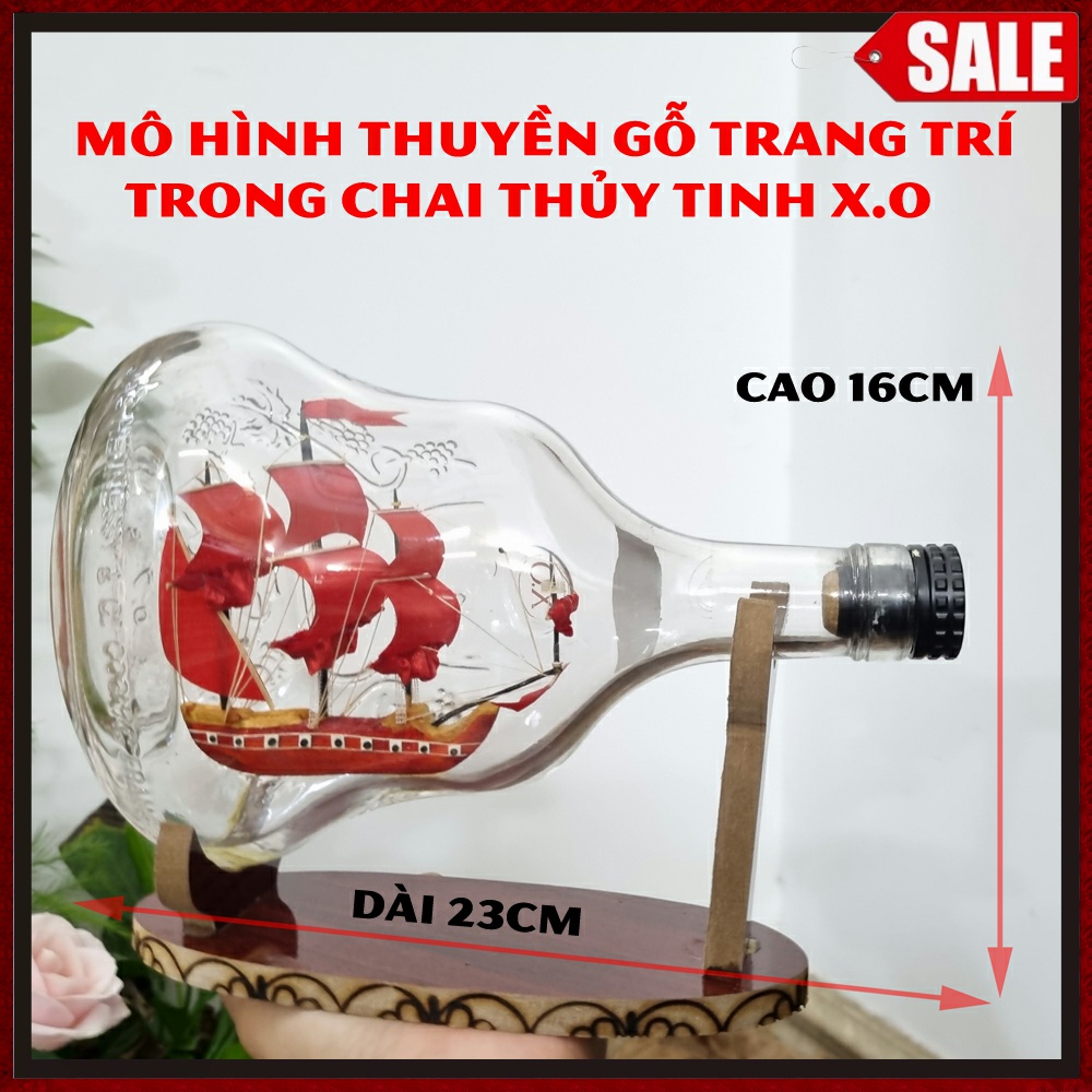 Mô hình thuyền gỗ trong chai thủy tinh - quà tặng trang trí thủ công mỹ nghệ - Dài 23cm