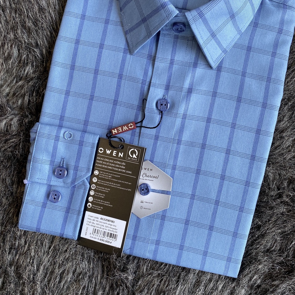OWEN - Aó sơ mi dài tay Owen Slimfit kẻ ca rô xanh vải Cafe không nhăn 220882 220878