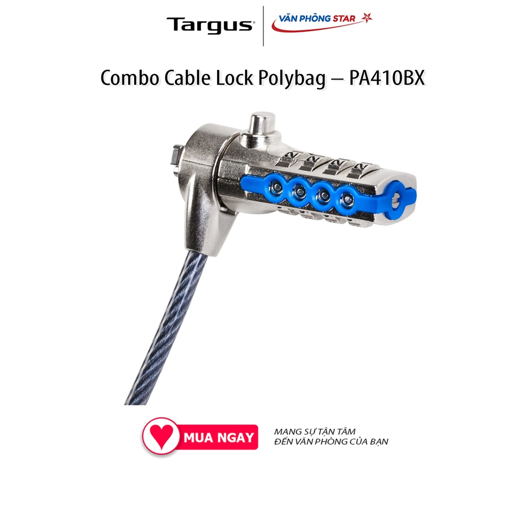Khóa Laptop TARGUS DEFCON Resettable T-Lock Combo Cable Lock Polybag – PA410BX. Mật mã 4 chữ số. Bảo hành chính hãng