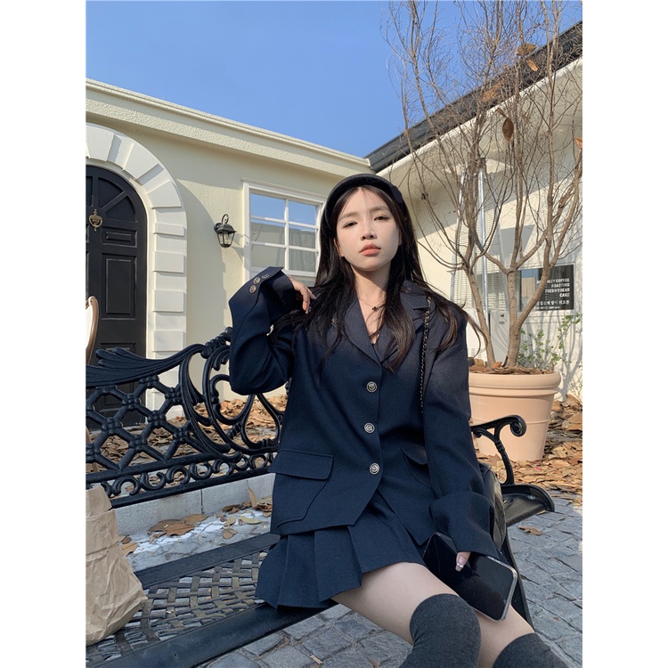 (ORDER) Set áo vest blazer cổ V + Chân váy ngắn xếp ly màu xanh than style nữ sinh Hàn Quốc trẻ trung