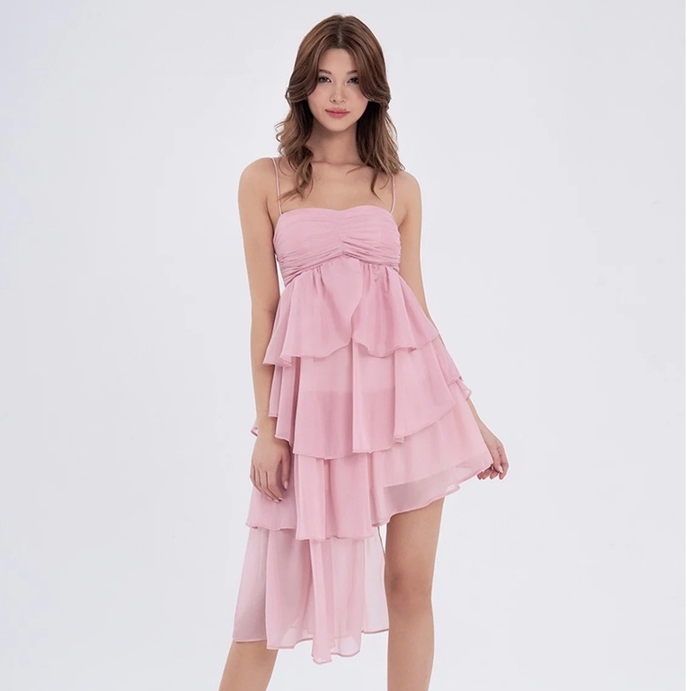 Đầm xoè voan SheByShj hai dây nhiều tầng màu hồng - Jessi Dress