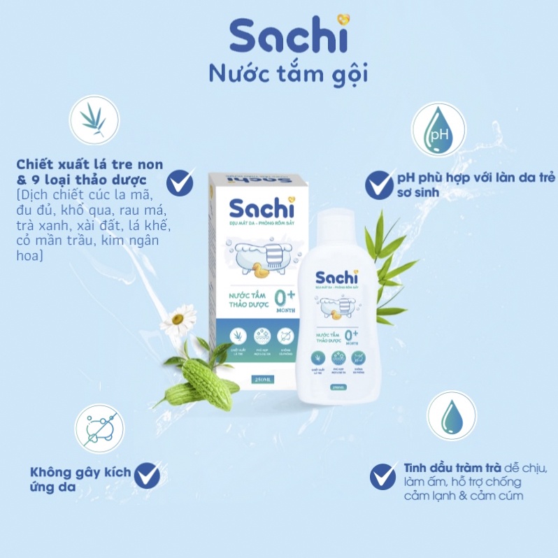 Nước tắm thảo dược SACHI dịu mát da, phòng rôm sảy, mẩn ngứa, hăm tã, bảo vệ làn da cho bé chai 250ml