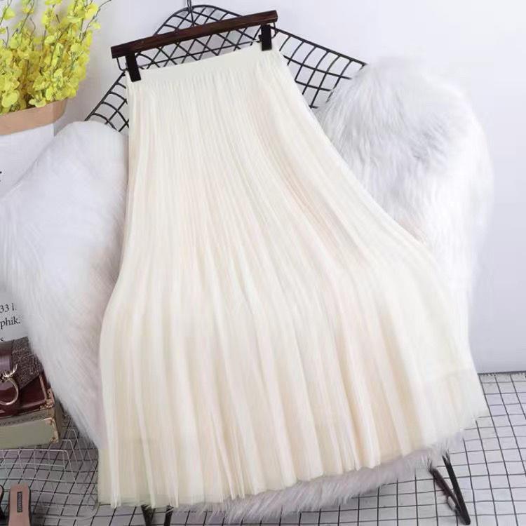 Chân Váy Lưới Xếp Ly Dáng Xòe Dài Lưng Cao Màu Trơn Dễ Phối Đồ