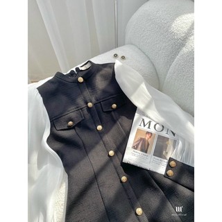 [ Ảnh thật + video] Váy dạ tweed đen phối tay tơ