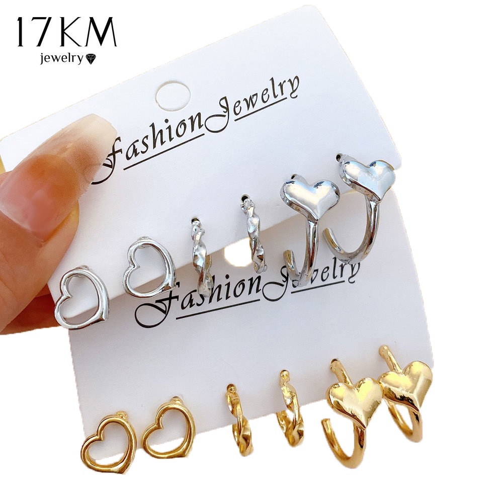 Khuyên tai 17KM mạ vàng / bạc hình trái tim đơn giản thời trang Hàn Quốc