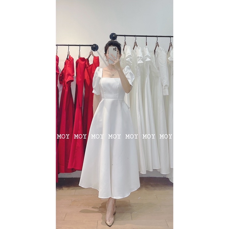 Váy dài xoè phi mờ cổ vuông tay ngắn nơ lưng - Váy thiết kế cao cấp