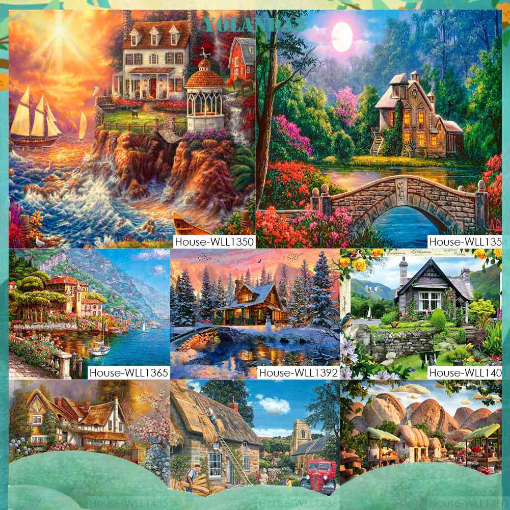 Tranh Đính Đá Kim Cương Toàn Bộ 5D DIY Hình Vẽ Ngôi Nhà Núi